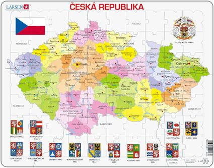 Mapy – Česká republika, politická mapa s krajmi, okresmi a znakmi, erbami krajov – Zemepis, zemepisné puzzle