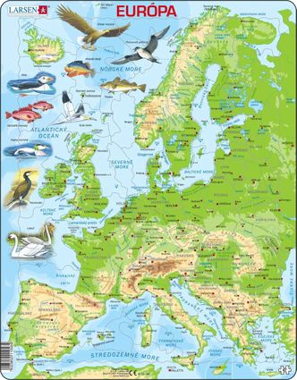 Mapy – Európa, fyzická všeobecno zemepisná mapa so zvieratami – Zemepis, zemepisné puzzle