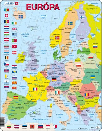 Mapy – Európa, politická mapa s krajinami a štátnymi vlajkami, na výšku – Zemepis, zemepisné puzzle