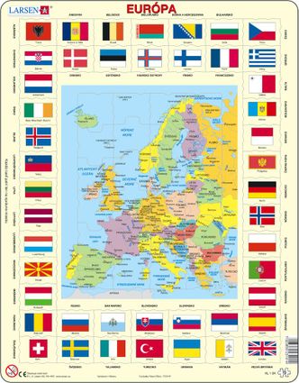 Mapy – Európa, politická mapa s krajinami, štátnymi vlajkami a hlavnými mestami krajín – Zemepis, zemepisné puzzle