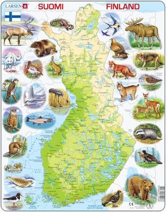 Mapy – Fínsko, fyzická všeobecno zemepisná mapa so zvieratami – Zemepis, zemepisné puzzle