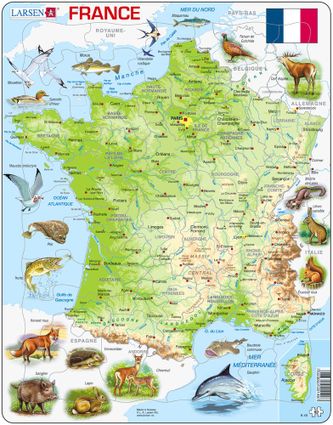 Mapy – Francúzsko, fyzická všeobecno zemepisná mapa so zvieratami – Zemepis, zemepisné puzzle