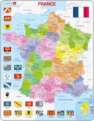 Mapy – Francúzsko, politická mapa s regiónmi a departmentmi a vlajkami regiónov – Zemepis, zemepisné puzzle