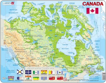 Mapy – Kanada, fyzická všeobecno zemepisná mapa s provinciami a ich vlajkami – Zemepis, zemepisné puzzle