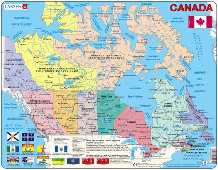 Mapy – Kanada, politická mapa s provinciami a ich vlajkami – Zemepis, zemepisné puzzle
