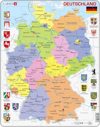Mapy – Nemecko, politická mapa so spolkovými krajinami a znakmi, erbami spolkových krajín – Zemepis, zemepisné puzzle