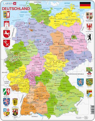 Mapy – Nemecko, politická mapa so spolkovými krajinami, okresmi a znakmi spolkových krajín – Zemepis, zemepisné puzzle