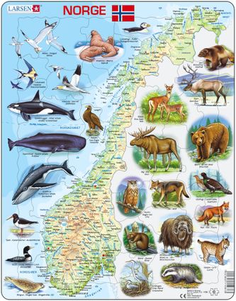 Mapy – Nórsko, fyzická všeobecno zemepisná mapa so zvieratami – Zemepis, zemepisné puzzle