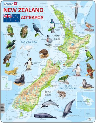 Mapy – Nový Zéland, fyzická všeobecno zemepisná mapa so zvieratami – Zemepis, zemepisné puzzle