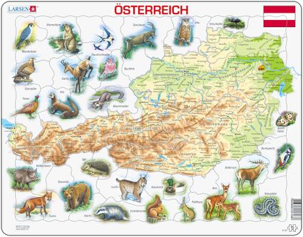 Mapy – Rakúsko, fyzická všeobecno zemepisná mapa so zvieratami – Zemepis, zemepisné puzzle
