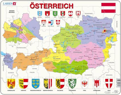 Mapy – Rakúsko, politická mapa so spolkovými krajinami, Viedeň a Viedenské okresy – Zemepis, zemepisné puzzle