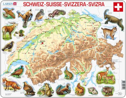 Mapy – Švajčiarsko, fyzická všeobecno zemepisná mapa so zvieratami – Zemepis, zemepisné puzzle