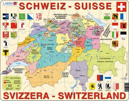 Mapy – Švajčiarsko, politická mapa s kantónmi a znakmi, erbami kantónov – Zemepis, zemepisné puzzle