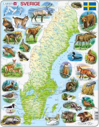 Mapy – Švédsko, fyzická všeobecno zemepisná mapa so zvieratami – Zemepis, zemepisné puzzle