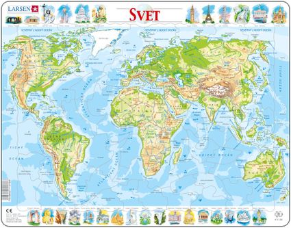 Mapy – Svet, fyzická všeobecno zemepisná mapa so stavbami rôznych krajín sveta – Zemepis, zemepisné puzzle