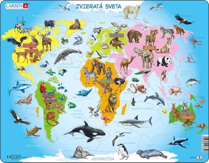 Mapy – Svet, mapa sveta a kontinentov s typickými zvieratami pre každý kontinent – Zemepis, zemepisné puzzle