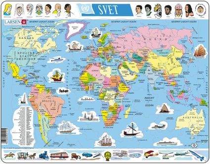 Mapy – Svet, politická mapa s loďami, dopravnými prostriedkami a ľuďmi – Zemepis, zemepisné puzzle