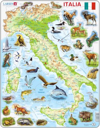 Mapy – Taliansko, fyzická všeobecno zemepisná mapa so zvieratami – Zemepis, zemepisné puzzle