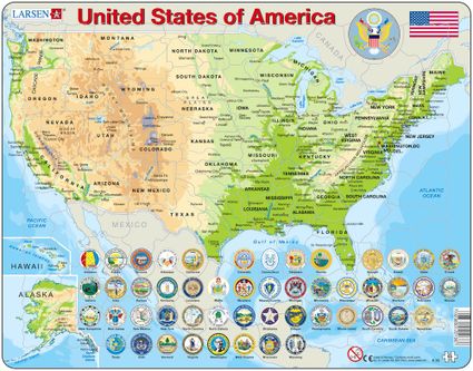 Mapy – USA, fyzická všeobecno zemepisná mapa s federálnymi štátmi a ich znakmi – Zemepis, zemepisné puzzle