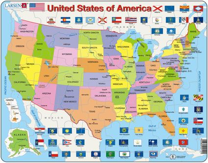 Mapy – USA, politická mapa s federálnymi štátmi a ich vlajkami – Zemepis, zemepisné puzzle