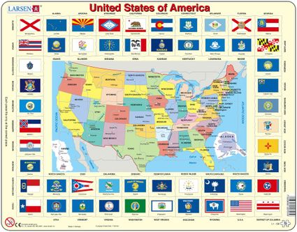 Mapy – USA, politická mapa s federálnymi štátmi a ich vlajkami – Zemepis, zemepisné puzzle