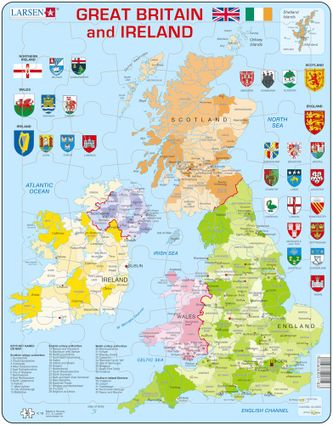 Mapy – Veľká Británia a Írsko, politická mapa s regiónmi a okresmi a znakmi, erbami regiónov – Zemepis, zemepisné puzzle
